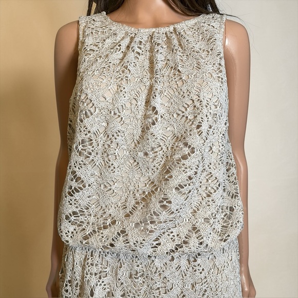 London Times Crochet Maxi Dress Size 10 Beige Boho Lined - Picture 4 of 8